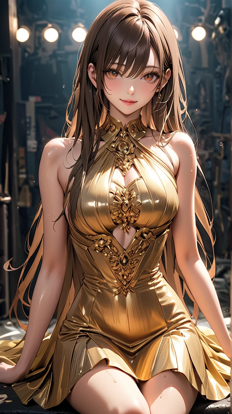 RAW shooting、Realism、Masseter muscle film、a girl、a baby face、very cute、slim and beautiful、((small :1.2))、7Head and body、Well-drawn eyes、charming eyes、double tail、Little giant、collar、Exquisite sequin dress、Champagne gold dress、Chess gangte sleeveless dress with bold opening、Anguished Pose、Luxurious ballroom、dimly lit ballroom、subtitle background