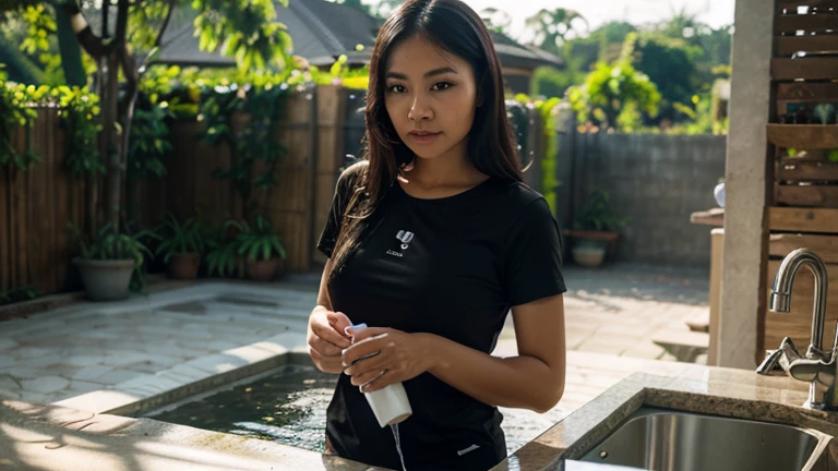 A beautiful Indonesian woman is watering plants, her body is wet, wearing a transparent t-shirt