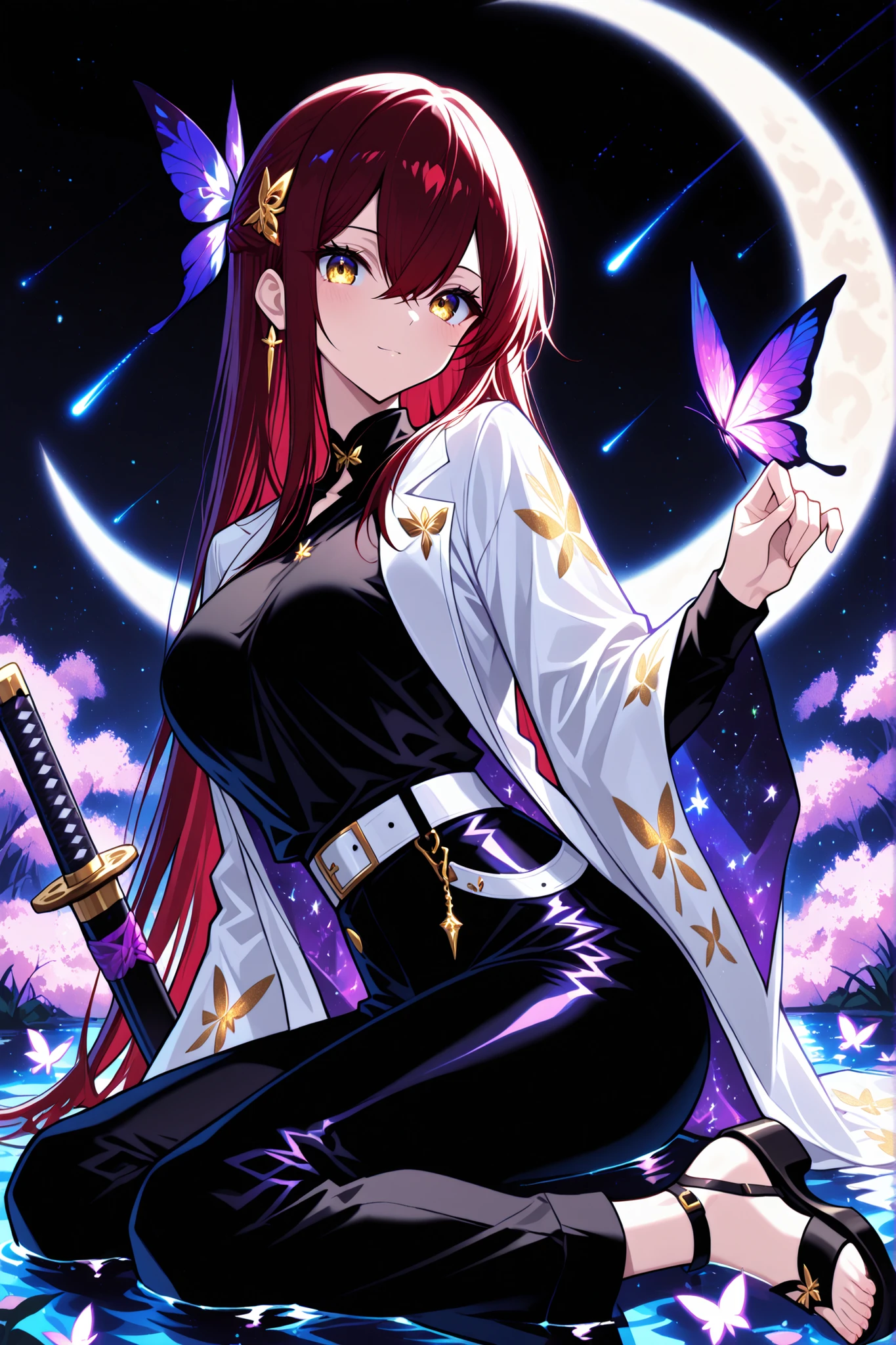 1 girl , golden eyes , very long hair , long sidelocks, red hair ,half updo, petite , very cute , beautiful ,Straight hair, cool, handsome, hair between eyes, sexy, female, mediumlarge breasts, lovely, kawaii, sitting in pond with purple water, holding katana with a butterfly clip at the end, hashira clothing, butterfly pattern Haori, purple and black butterfly hair clips,dsKanae, butterfly hair ornament, black shirt, white coat, wide sleeves, white belt, black pants, sandal/sitting on a crescent moon purple night holding a purple butterfly , butterfly hair ornament, black shirt, white coat, wide sleeves, white belt, black pants, sandals,night, moon background, {{shooting star:1.5}}, starry hair, starry clothes,Illusion, fantasy light, 8K, UHD, from side