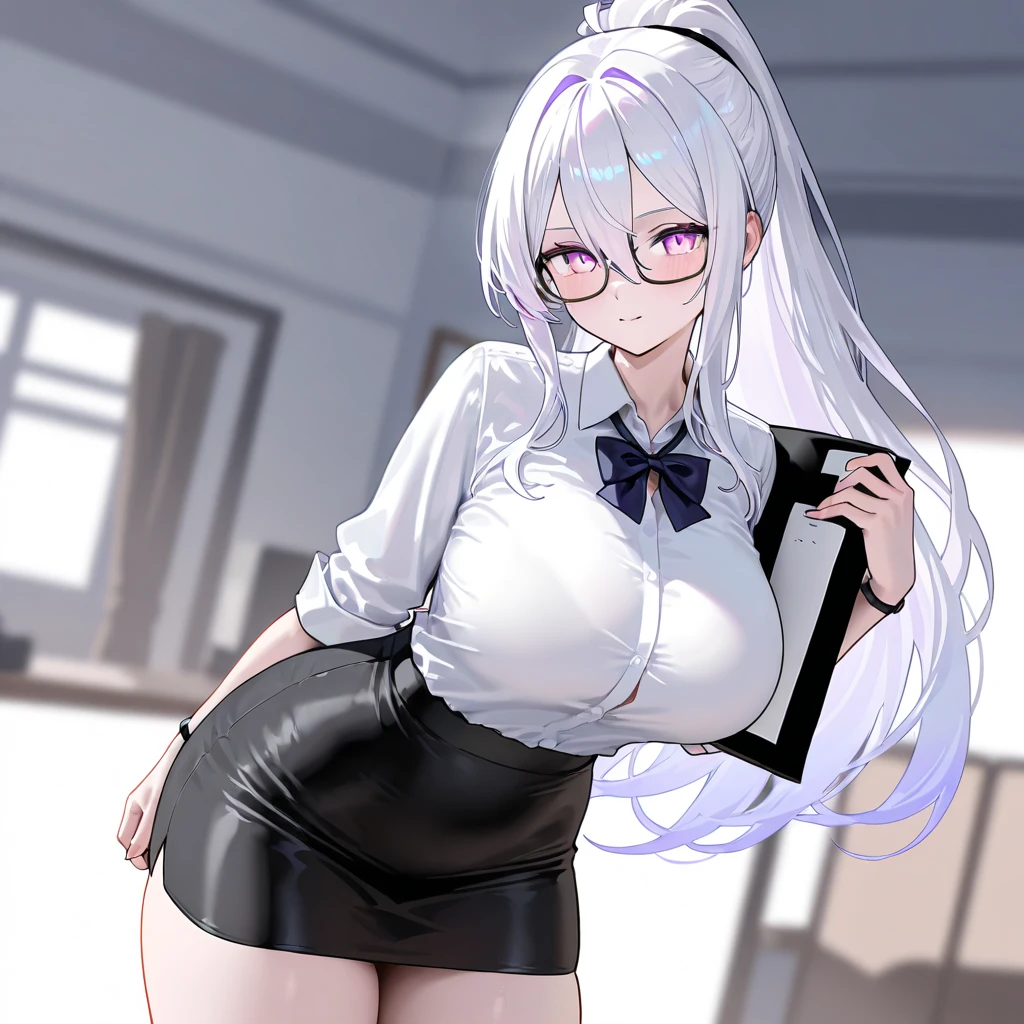 ((masterpiece, Highest)), (One girl), (Mature Woman), Light pink hair, A seduction with exposed breasts, sprawled out, (office lady), bangs, Big Breasts, Woman with glasses, (full), slim, smile, [Wide Hips], office, Are standing, got it  (Blue File), 8K quality, Sexy seduction, (open neck suit)