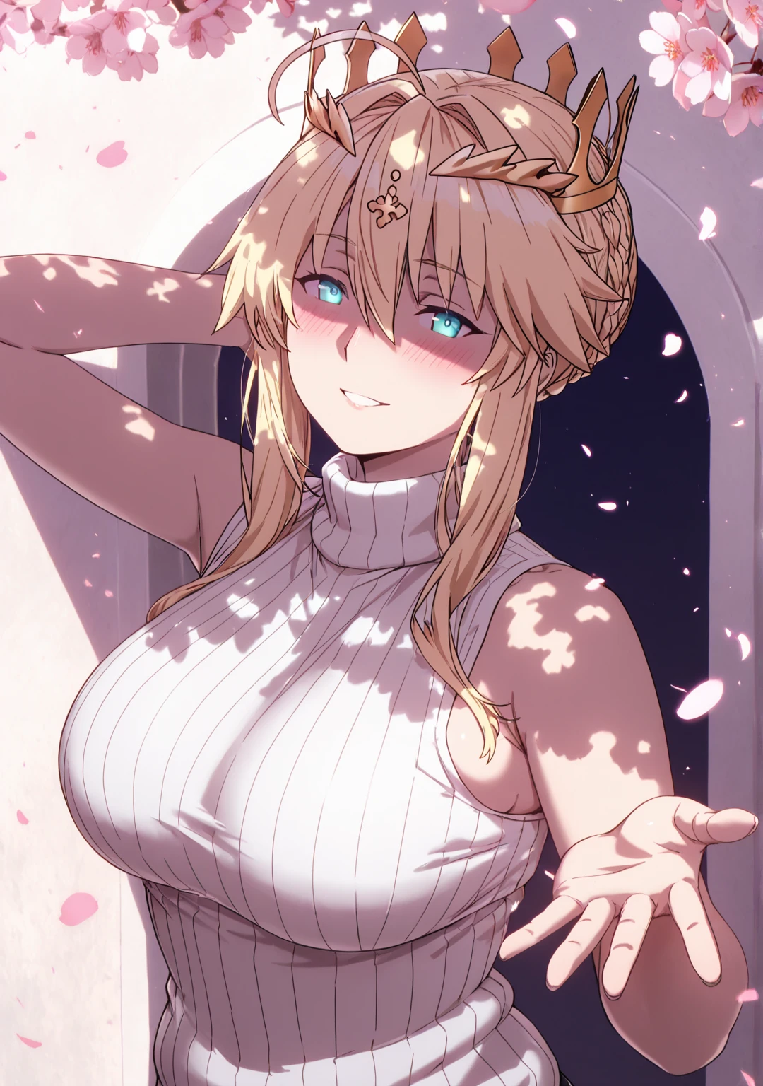 (herio-style:1.2), (cafekun-style:0.8), ((anatomical correct)), ((embers)), ((Cinematic, unreal engine, eye-catching, ambient occlusion, UHD, masterpiece)), ((perfect lighting, dappled sunlight)), perfect body, perfect eyes, perfect fingers, gasping, heavy breathing, gasping profusely, ((skindentation)), ((curvy)), artoria_pendragon_(fate), artoria_pendragon_(lancer)_(fate), braid, blonde_hair, sidelocks, french braid, crown, bangs, hair_between_eyes, ahoge, blue_eyes, plump, 1girl, breasts, solo, looking_at_viewer, turtleneck, sweater, sleeveless, smile, ribbed_sweater, bare_shoulders, cherry_blossoms, sleeveless_turtleneck, blush, turtleneck_sweater, upper_body, hair_intakes, closed_mouth, alternate_costume, white_sweater, flower, sleeveless_sweater, parted lips falling petals, shaded face