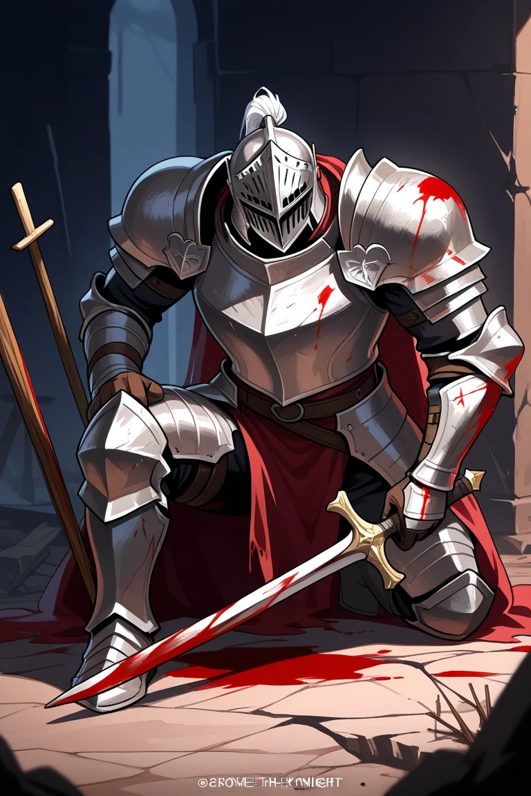 A knight with a helmet covered in blood,a broken sword, a cape wrapped around the neck
