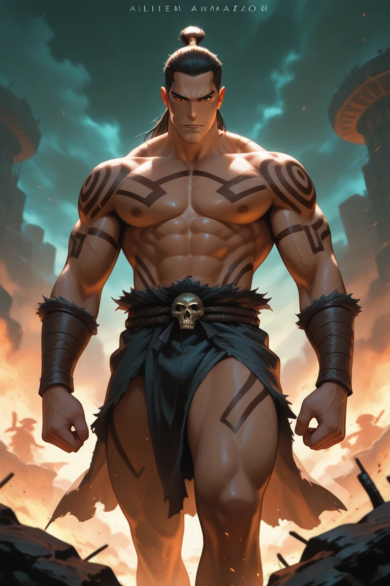 melhor qualidade, obra-prima, ultra high-resolution,fundo detalhado,realista,Hadesstyle,sozinho,macho,maduro,somente,musculoso,macho maduro, cabelo longo, male barbarian face ,necromante , Barbarian Conan, skull, fogo verde, horror \(tema\) ,fantasia negra, Vara de luz, Ser, capa, profundidade de campo