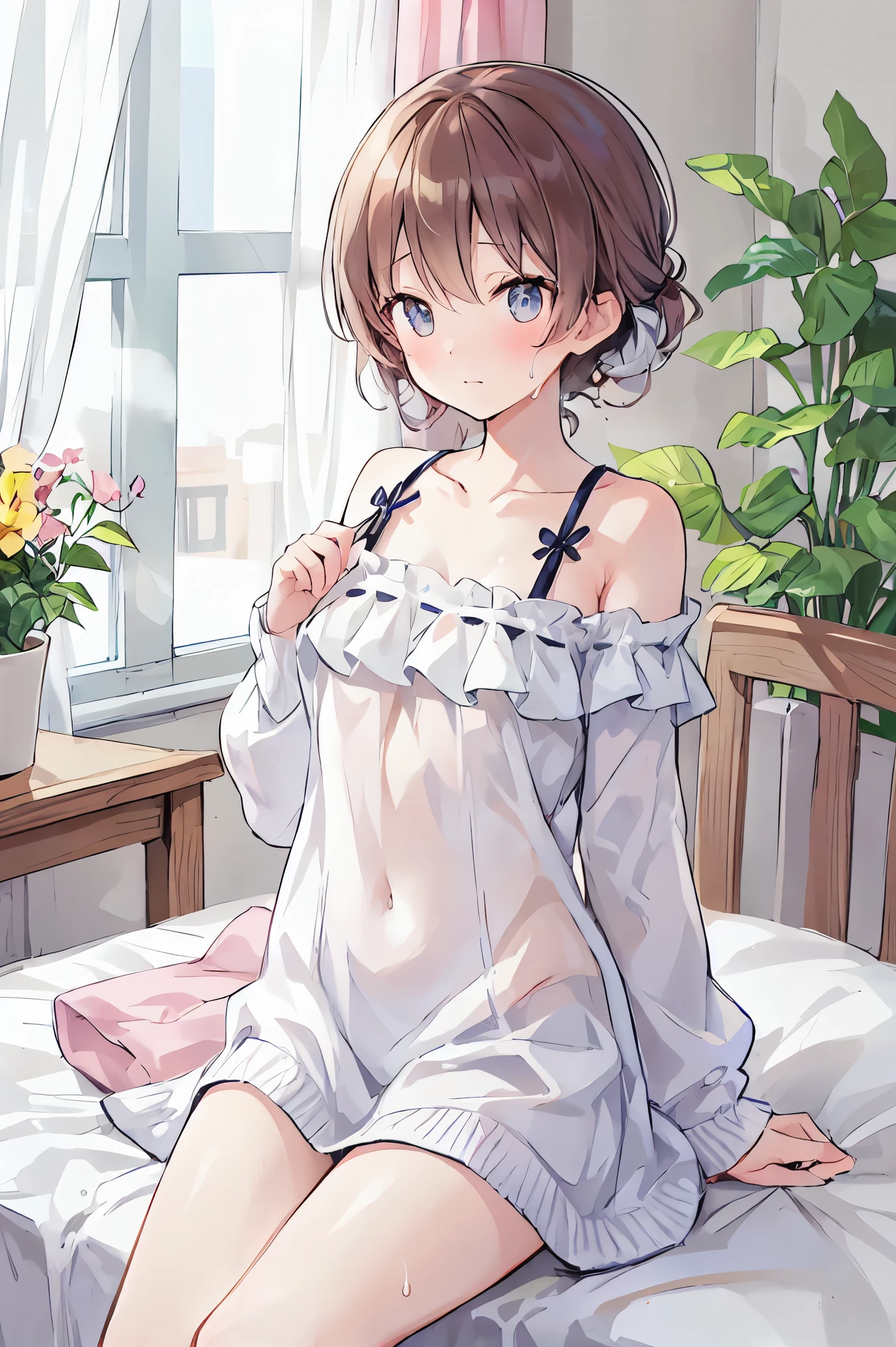 1 girl in、Gentle expression、Short hair. Pale brown hair and brown eyes.unwear、in one's underwear only、White bra、White panties. (Put your hands on your chest). High image quality. Photo Quality. High Definition. of the highest quality.、Quiet face、Balance Diagram、a 14 year old girl、Reddened cheeks、a bed、Bedroom、lying back on、Open your crotch、Focus on the lower back、Show off thin breasts、I draw the whole body