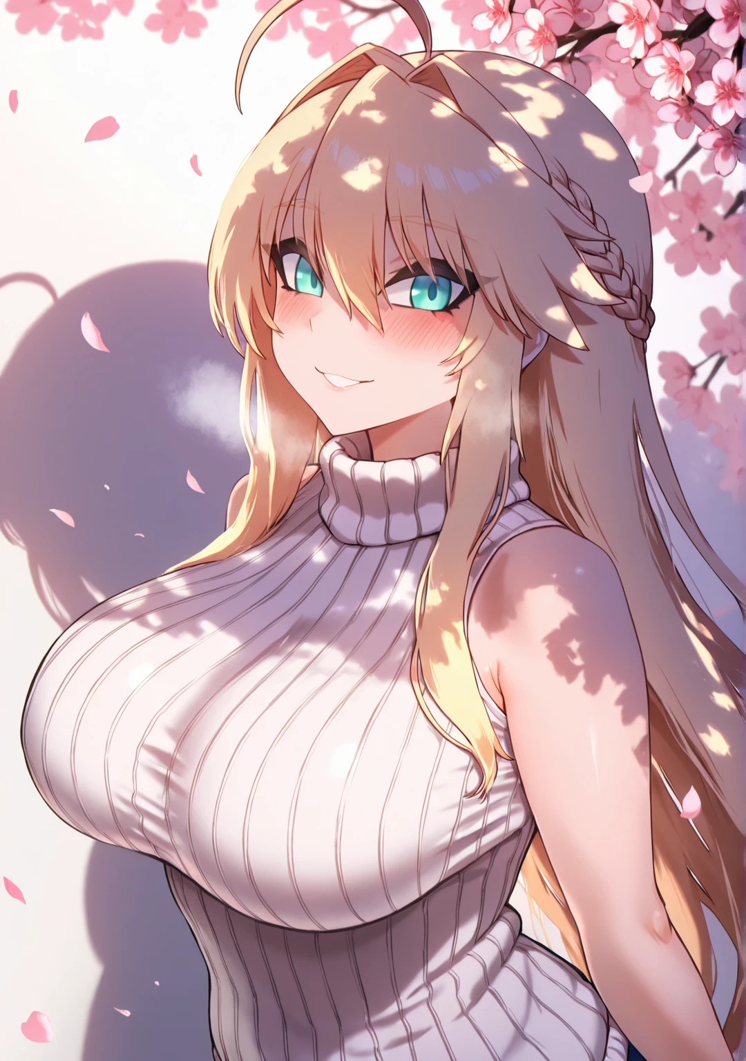 (jtveemo-style), (cafekun-style:0.8), ((anatomical correct)), ((embers)), ((Cinematic, unreal engine, eye-catching, ambient occlusion, UHD, masterpiece)), ((perfect lighting, dappled sunlight)), perfect body, perfect eyes, perfect fingers, gasping, heavy breathing, gasping profusely, ((skindentation)), ((curvy)), artoria_pendragon_(fate), artoria_pendragon_(lancer)_(fate), braid, blonde_hair, sidelocks, french braid, crown, bangs, hair_between_eyes, ahoge, blue_eyes, plump, 1girl, breasts, solo, looking_at_viewer, turtleneck, sweater, sleeveless, smile, ribbed_sweater, bare_shoulders, cherry_blossoms, sleeveless_turtleneck, blush, turtleneck_sweater, upper_body, hair_intakes, closed_mouth, alternate_costume, white_sweater, flower, sleeveless_sweater, parted lips falling petals, shaded face
