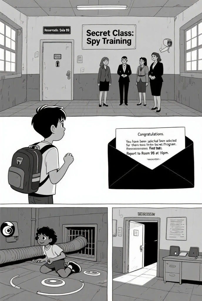 Create a black and white cartoon image inspired by the following scene:Title: "Secret Class: Spy Training"

 Page 1 : The Mysterious Room
At the common school of Monte Silêncio, there was a locked room in the basement, sem janelas, com a placa: "Reservado: Sala 9B". No one knew what was inside. Or almost no one.

Page 2: The Invitation
One day, Lucas, de 12 anos, received a black envelope in her backpack. Dentro, there was a letter: “Congratulations. You have been selected for the Secret Program. Report to Room 9B at 10pm.” He thought it was a joke. But it was still like that.

 Page 3 : The First Test
When you arrived, the door opened by itself.  Inside , five ren waited. A woman in a black suit stared at them. “Welcome to Class 9B. You have been chosen to become spies. First test: leave this room without being seen.” The room closed.

Page 4: The Challenge
Lucas discovered that the floor had sensors. Ana noticed a hidden camera. Malik found a ventilation grill. working together, they crawled through the ducts and left through the janitor's office.


