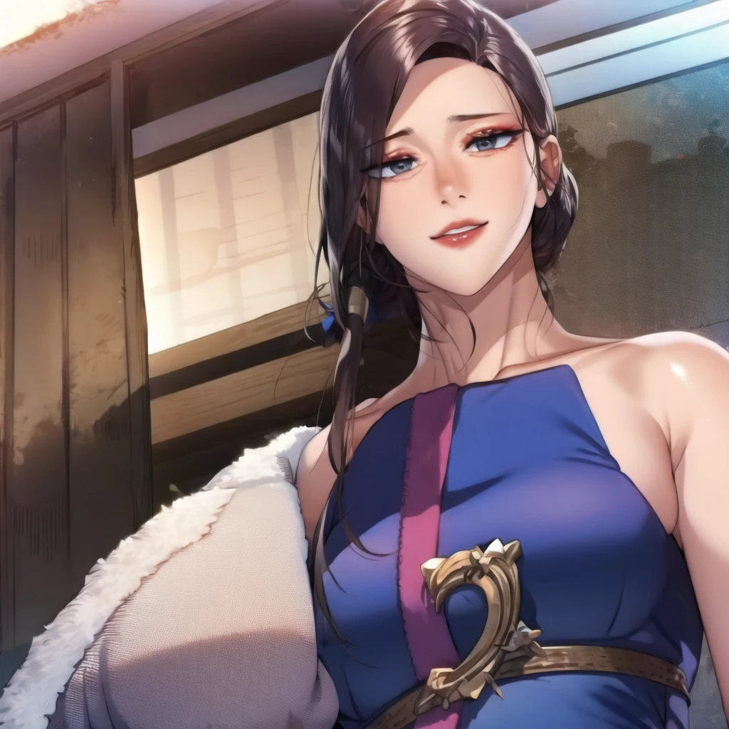 1girl, chun-li, (((highly detailed eyes))), vanillaware-32900, intricate details, round pupils, (detailed face), detailed pupils, modelshoot style, brown hair, (brown eyes), double bun, ((portrait)), looking at viewer, smile, short hair, soft lighting, trees, forest, samdoesart, ((broad shoulders)), (((thick arms)))