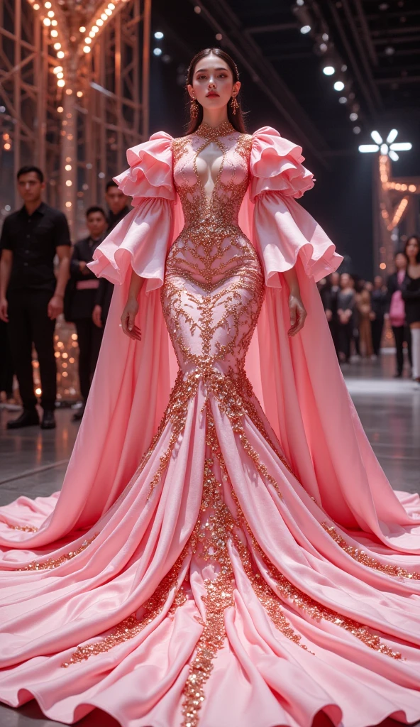 An woman in glamorous mermaid gown with long ballon sleeve, wear jewellery, wear modern satin hijab, entirety of fabric over botom dress about 7 meters in length trailing dramatically, glamours style, overlong dress train, extreme detail on the texture of the fabric, wear high heels, sexy pose outdoor in stair, beautifull bright lighting, ultra realistic, high-resolution photography.