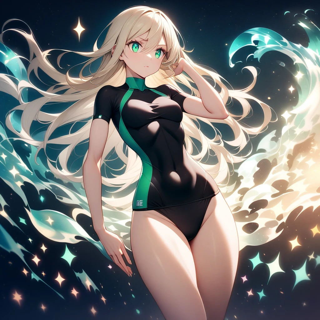 masterpiece, best quality, highres, 1girl, solo, high school uniform, bare legs, looking at viewer, light particles, city backdrop, perfect hands, perfect eyes, perfect legs, perfect arms, perfect fingers, blonde hair, blue eyes, medium breasts, long hair, twirling, ponytail, matching socks, full body, blue leotard, wind swirls, glow, light particles, tornado spin, standing, spinning