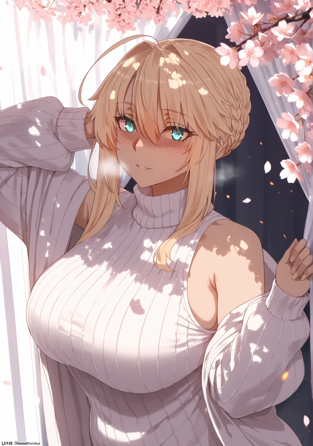 (throtem-style:1.2), (cafekun-style:0.8), ((anatomical correct)), ((embers)), ((Cinematic, unreal engine, eye-catching, ambient occlusion, UHD, masterpiece)), ((perfect lighting, dappled sunlight)), perfect body, perfect eyes, perfect fingers, gasping, heavy breathing, gasping profusely, ((skindentation)), ((curvy)), artoria_pendragon_(fate), artoria_pendragon_(lancer)_(fate), braid, blonde_hair, sidelocks, french braid, crown, bangs, hair_between_eyes, ahoge, blue_eyes, plump, 1girl, breasts, solo, looking_at_viewer, turtleneck, sweater, sleeveless, smile, ribbed_sweater, bare_shoulders, cherry_blossoms, sleeveless_turtleneck, blush, turtleneck_sweater, upper_body, hair_intakes, closed_mouth, alternate_costume, white_sweater, flower, sleeveless_sweater, parted lips falling petals, shaded face