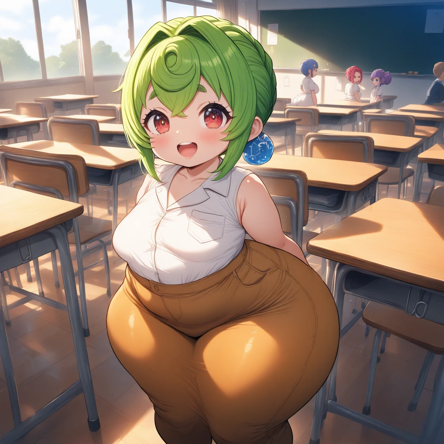 miss,front,posture,Green short hair,Green Eyes,Purple bow,Blue pleated skirt,White socks,,Small leather shoes,Antenna hair,Doudou Eyebrows,Hair rope,Everlasting,Bangs,HappyGreen Hair Bow Girl Source_Japanese cartoons,Miss, ,Fraction_9,Fraction_8_up,Fraction_7_up,Fraction_6_Direction_5_Direction_4_up,best quality,masterpiece,obesity,become a,,Breast sagging,,Huge breasts,Excess thighs,Super hip,Super Ass,posture,_Smile,Big Belly