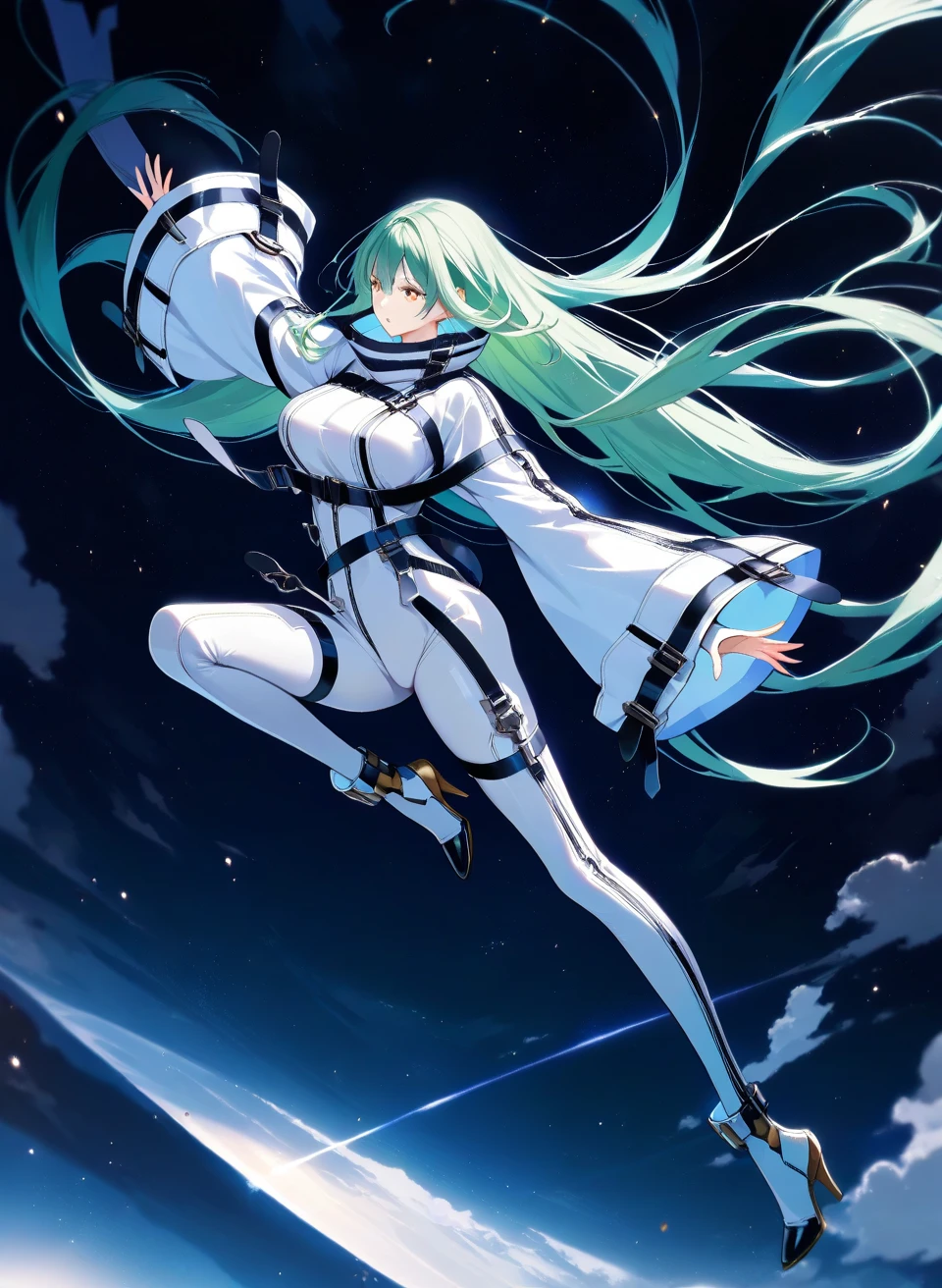 bondrewd wearing a blue peaked cap with light color green hair, 1girl, long hair, gloves, green eyes, white gloves, blue military dress uniform, pelvic_curtain, very long hair, white hair green color inner, uniform, solo, mature female, perfect body, beautiful background, (night sky, stars, comets), ultra detailed, detailed eyes, vibrant colors, many pose, detailed face, charming smile, no emblem on hat, white garter straps, both hands holding clone trooper helmet