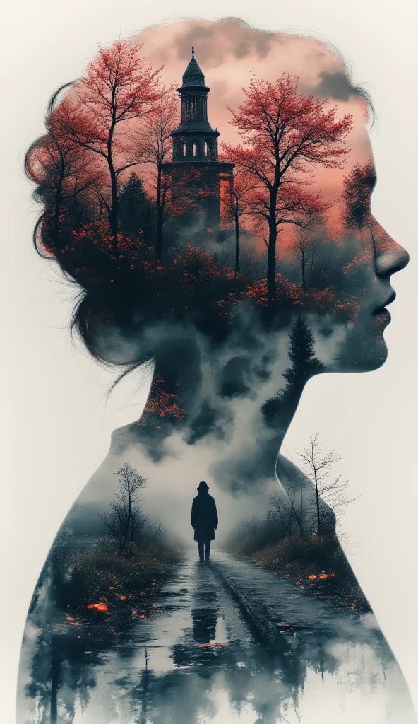 Hyper-realistic digital painting An ideal double exposure. is a huge Transparent silhouette of a black and burgundy rose, in double exposure inside we see the departing silhouette of a cowboy in a raincoat walking along the road to a huge bizarre Dark tower against the background of a gloomy post-apocalyptic landscape.. Saturated dark colors. ethereal ambiance, octane render, ultra HD, vivid colors, intricate detailing, perfect composition, soft natural lighting, 8k resolution, capturing the essence of a dark fantasy realm. creating a stunning surreal composition, digital artwork showcasing ultra-detailed textures, pure perfection. High Resolution, High Quality