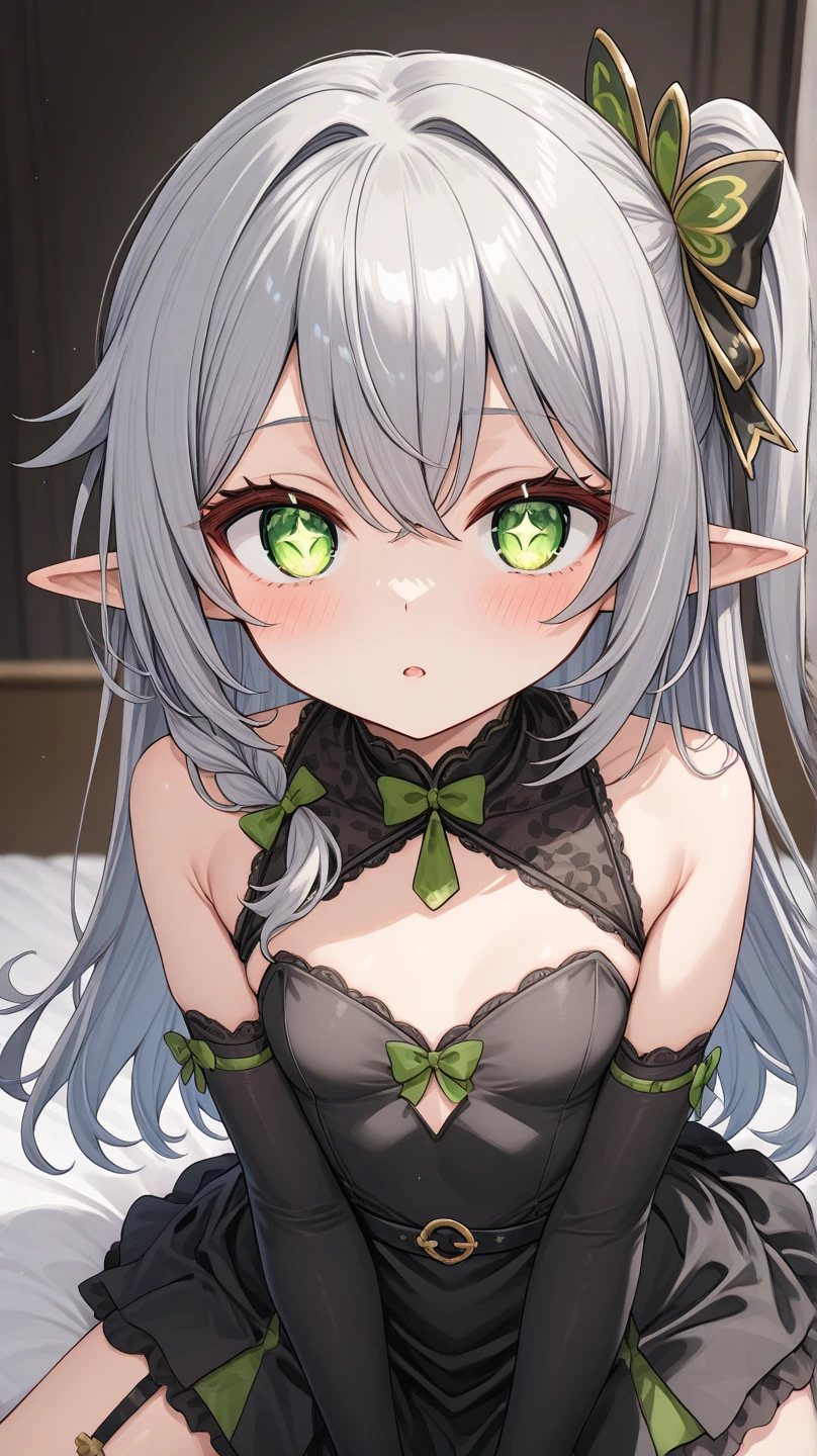 NSFW,One girl,nahida_genshin,Long Hair、Green Eyes、bangs、Pointed Ears、hair ornaments、White Hair、Symbol-shaped pupil、Multicolored Hair、Side Ponytail、Gradient Hair、Green Hair、Hair between the eyes、Cross-shaped pupil、smile、gem、葉っぱのhair ornaments、bracelet,(Micro Bikini:1.5),Love Hotel at Night,(Perfect hands),(Perfect Anatomy),(masterpiece),(highest quality),Embarrassed,blush,Lift your butt,Leg spread,(Ecstasy face:1.5),1 middle-aged male,(Having sex:1.5),(Sweat:1.5),Hypno Lola,Hollow Eyes