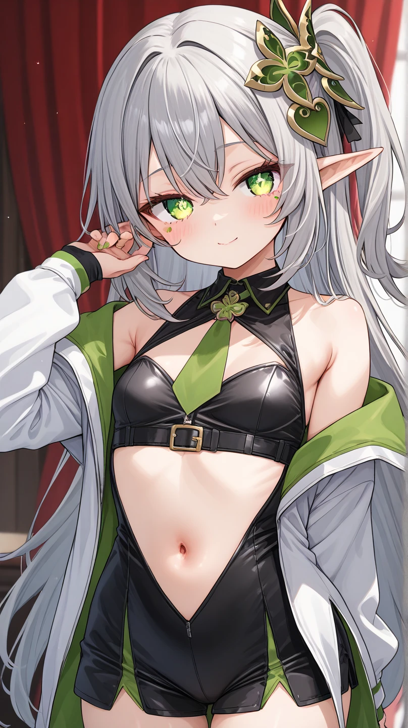 Frieren , anime, 1girl, ass, bra, thighs, silver_hair, twintail_hair, frieren, (frieren: Beyond_journey's_end), light_green_eyes, elf, big_breasts, nsfw, seductive anime girl, sexual_pose, cum, baggy_shorts