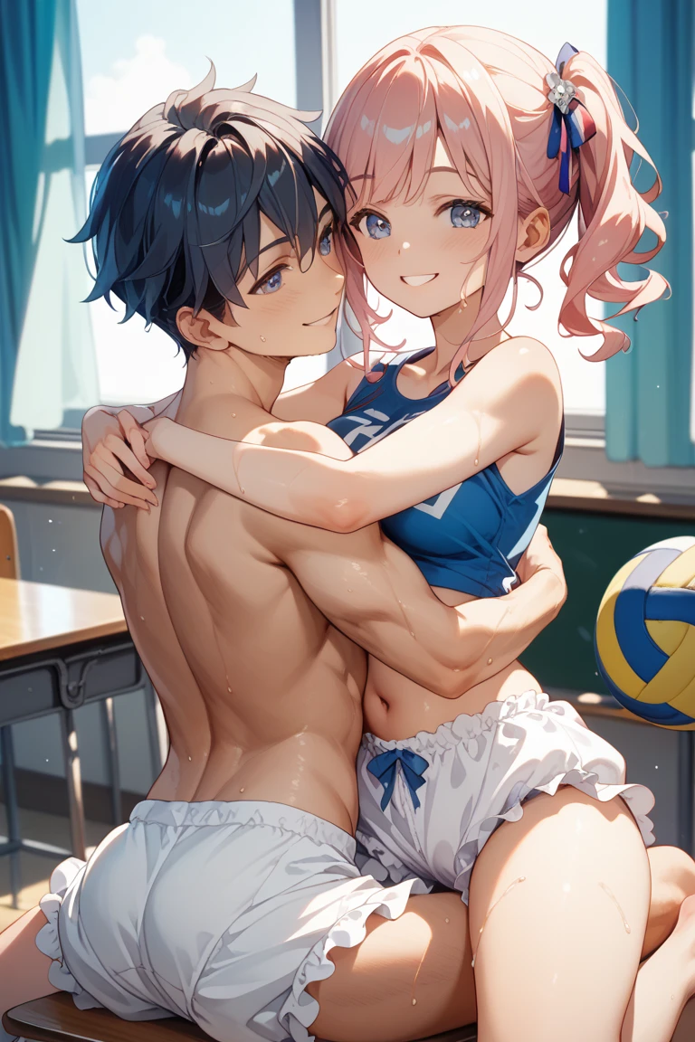 ((best quality)), ((masterpiece)), (detailed),female anime perfect body wearing white bra bikini, pink short hair, sexy, hugged from behind by the yellow hair boy white skin wearing blue hoodie