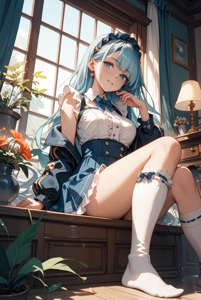 1girl in,Light Blue Medium Hair,Tying hair,Light blue eyes,Cute,blush,medium breasts, high-school uniform, Black tights, Black underwear, I see underwear, sitting on, Open legs