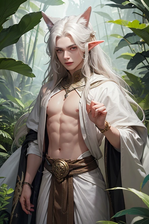A half-naked, white-haired elf, with ethereal beauty, gracefully controlling the wind around him. His toned, tanned body was adorned with intricate tattoos, glistening in the sunlight that filtered through the dense canopy of trees above. His long, flowing white hair danced in the breeze as he raised one hand to the sky, summoning gusts of wind that formed intricate patterns around him. His eyes, bright and full of wisdom, were fixed on the horizon, as if in deep thought. The sunlight bathed his body in golden hues, accentuating every muscle and curve. His clothes were barely holding on, leaving parts of his chest and abdom