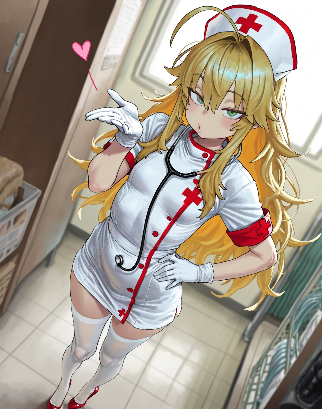 Kentaro Yabuki, love〜, ore_9, score_8_superior, score_7_superior BREAK ヤミ風髪留め
konjiki no yami, Red eyes, Blonde, Hair Intake, Long Hair, View your viewers, I feel,PortraitLegsOpen,Nurse uniform,Pantly visible as you peer down