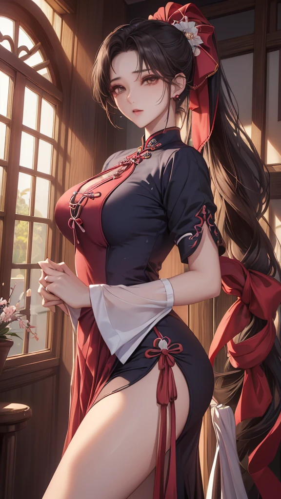 (masterpiece、highest quality)、(Photorealistic:1.4)、 Mature Woman,  Beautiful thighs、Front view、1 girl、30 years old、Perfect Face、Symmetrical cute face、(Bun Hair、Black Hair)、Big eyes、Long eyelashes、((expensive))、Beautiful Hair、Beautiful Face、Beautiful and beautiful eyes、Perfect Proportions、Beautiful breasts、Beautiful feet、Beautiful fingers、((High quality fabric、Red open-necked Chinese dress、Skirt flip))、(To the hospital)、Are standing、 (smile),  (((Skirt lift with both hands、panties are visible)))