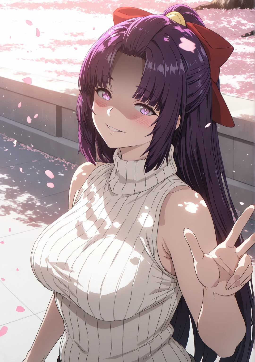 (jagaimo \(kkamja\)-style:1.2), (cafekun-style:0.8), ((anatomical correct)), ((embers)), ((Cinematic, unreal engine, eye-catching, ambient occlusion, UHD, masterpiece)), ((perfect lighting, dappled sunlight)), perfect body, perfect eyes, perfect fingers, gasping, heavy breathing, gasping profusely, ((skindentation)), ((curvy)), SHIKOKU_(MATO_SEIHEI_NO_SLAVE), purple hair, purple eyes, slit pupils, long hair, hair bow, red bow, parted bangs, ribbon trim, half updo hair, bangs_pinned_back, straight hair, ((medium breasts)), plump, 1girl, breasts, solo, looking_at_viewer, turtleneck, sweater, sleeveless, smile, ribbed_sweater, bare_shoulders, cherry_blossoms, sleeveless_turtleneck, blush, turtleneck_sweater, upper_body, hair_intakes, closed_mouth, alternate_costume, white_sweater, flower, sleeveless_sweater, parted lips falling petals, shaded face