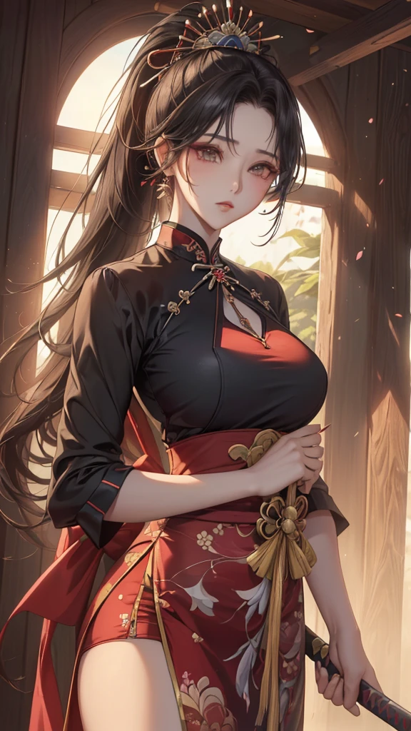 1个Giant Breast Girl, 独奏,Chinese clothes,Hanfu,(sweet lippull bodyesbian,tmasterpiece, best quality, 8K, 电影灯光, 超高分辨率, chinese paintings, Flowers, hair adornments, white backgrounid, black hair color hair, hairflower, Chinese art, Hanfu, Partial, Long gray hair, obi strip, upper part of body,Hanfu、jewely、longer sleeves、ear nipple ring,Guqin