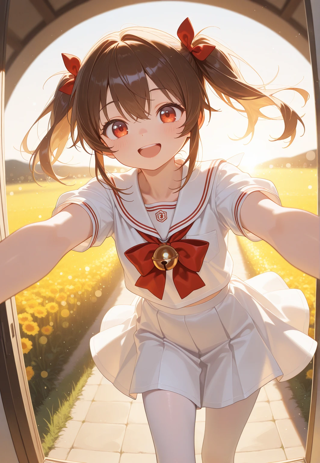 1girl,(((Perfect Anatomy、Highest quality、Masterpiece、Official Art、Super detailed、Dynamic structure、Anime Style)))、Elementary school students、((((Red dress with yellow buttons、White Y-shirt、Red on the neck🎀、White knee-high socks、Brown Loafers、Carrying a red backpack:1.8)))、A soprano recorder is visible from the school bag.、Being buffeted by strong winds、Image from above、Strong wind blowing from the viewer's side、Strong wind blowing from the direction of travel, hair blowing back、Yellow simple background、Black Hair、storm、
