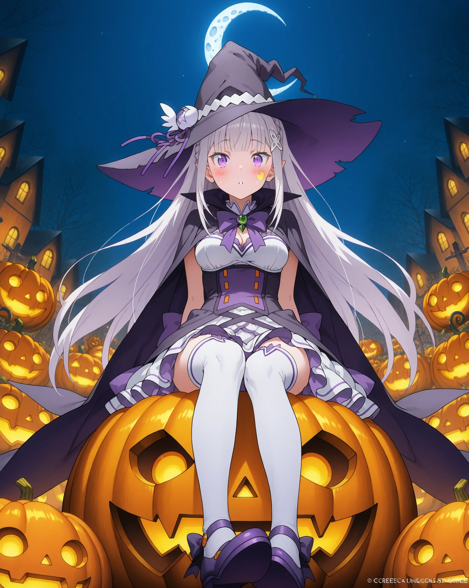 Re:Emilia, Demonic expression, purple and white , jagged details, large bow accessory, white thigh-high socks, purple shoes, Oyuncu poz, Candies , looking at the viewer, Extending her right foot to the viewer, Blush on cheeks, Halloween themed environment, crescent moon in the background, spooky trees, night sky , wearing a witch costume in soft navy blue and white light, bizarre and fantasy atmosphere, sitting on purple shoes, a large jack-o'-lantern wearing a witch costume in shades of purple and orange with angled view focusing on {x} -fener, clear focus on the character, anime illustration style, creates a calm and intimate atmosphere