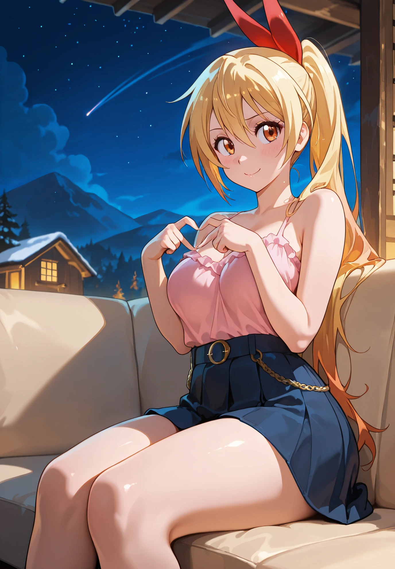 (8K, raw photo, 最High quality, masterpiece: 1.2), High definition RAW color photography, Professional photoshoot, Cinematic light, One, (((Young woman, Fire))), (sharp features), (small face), (Skin with high detail: 1.2), clavicle, cute face, beautiful look, long eyelashes, (rainbow hair, greenいeye), ((have a cleavage: 1.2)), (Beautiful breasts:1.5), (camel toe details), spread your legs, I lean back with pleasure, pussyが気持ち良い, ((very detailed女性器, pussy)), (thin:1.4), very detailed顔と肌の質感, 詳細なeye, double eyelids, 横eyeで見る, Place your hands behind your body, camel toe, ((blonde, Wavy hair)), thinボディ, ((Open your mouth and smile:1.2, 上eye遣い)), big breasts, normal hip, green_eye, cowboy shot, Composition from above, (((:1.5, pleated skirt, Seductive hips))), garden, at night, Sit on a bench, 見つめるeye, beautiful skin, shiny skin, Perfect fingers, five fingers, anatomically correct, Background bokeh, High quality, surreal, bright colors, ((very detailed, photoshoot)),