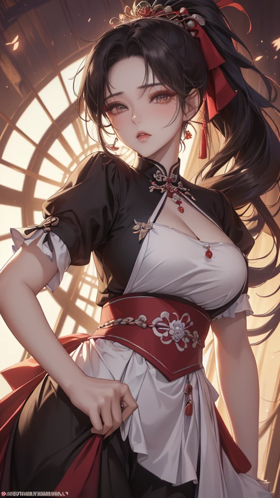 ((best quality)), (Ultra Detailed), ((Extremely detailed)), (fair), ((Kawaii girl)), ((Ultra HD)), (masterpiece), (high quality), (best quality), (4K), (high quality), 1, Solo Girl, 1 Girl, , Parted bangs, ((Hair intake)), Long hair, (Random Hairstyle), Larger breasts, slim body, Siamese cheongsam, (Very little cloth) shy