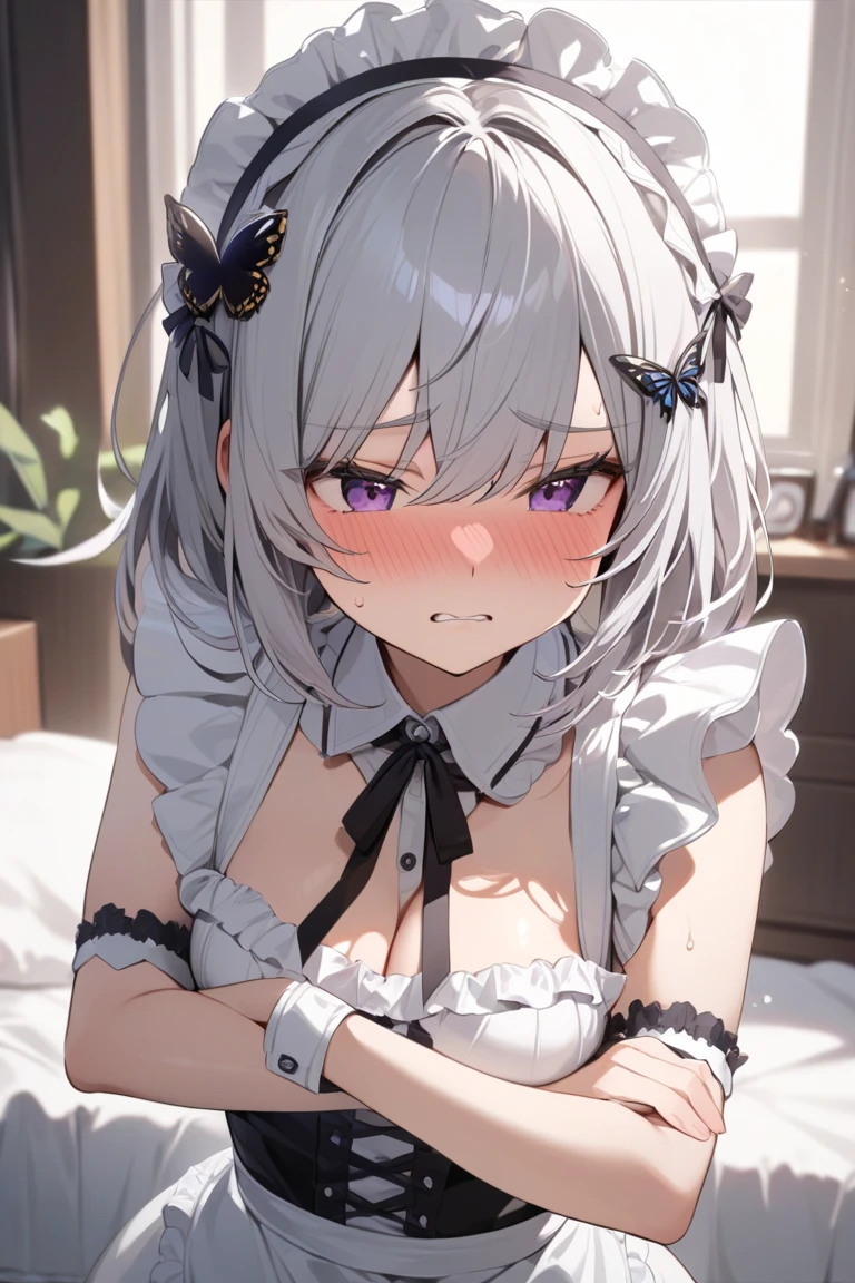 (8K, Highest Quality, Masterpiece:1.3)), Ultra High Resolution, (One Couple,duo), (Color Changing Eyes, Highly Detailed, Expressive Sparkle, Sparkling Eyes), Highly Detailed Eyes, Highly Detailed Face, Random Hair, (Silver Grey Color), Hair Clip, Maid, (Underwear:1.2), Sweat, Having Sex, (Pleading Expression:1.2), Erect Nipples, (Dark Home:1.3), Bed, Top View,