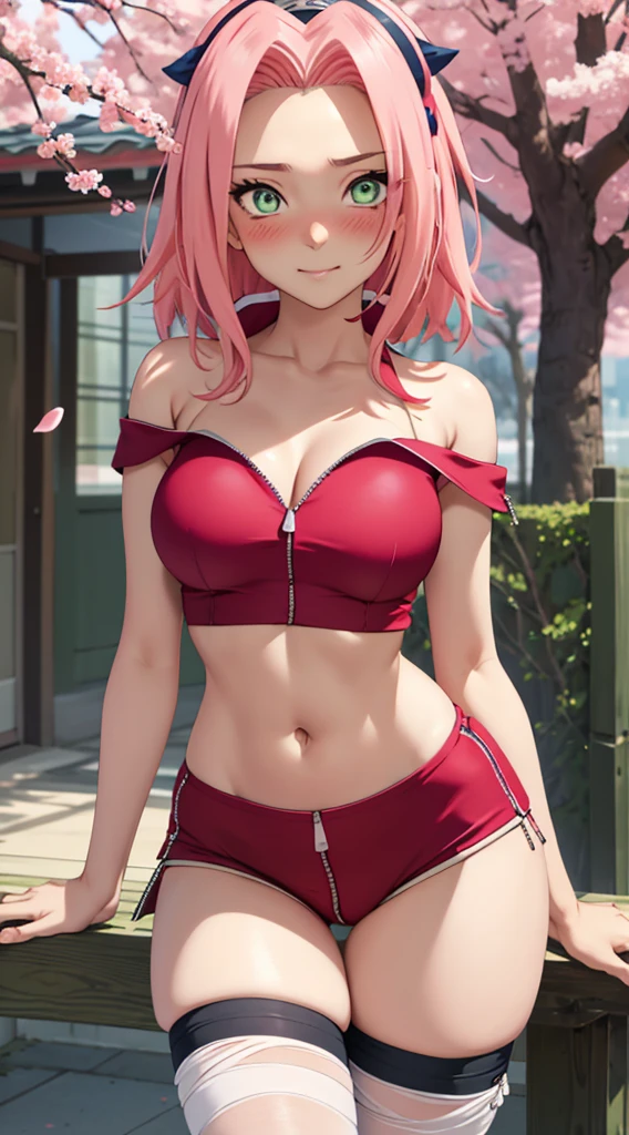 Realistic, Photorealistic,cowboy shot,masterpiece, absurdres ,1girl, haruno sakura, forehead mark, red hairband, naked, navel, groin, bracelet, looking at viewer, smile, cherry blossoms, private garden, wind, floating hair, large breast ,((wide hips)), toned body, detailed eyes, exposing armpit, sweaty armpits