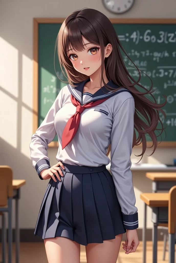 (masterpiece, computer, mejor quality, Clear focus, shadow, anime style, Ultra high resolution, 8K, perfect anatomy, rostro perfecto, (detailed face), ( Detailed eye ), score_9, score_8_up, score_7_up, score_6_up, score_5_up, score_4_up, source _Animated, Label 1, Label2, quality_masterpiece, anatomically correct, beautiful face, rostro perfecto, Beautiful and highly detailed face and eyes, Attractive face, detailed face, Delicate facial features, detailed leather, pechos enormes, breast size cup D or DD, caderas anchas, gigantic butt texture, thick thighs. Anime-style illustration with a sensual and attractive appearance, in school uniform. It has a kawaii aesthetic, with soft facial features , big eyes and flushed cheeks. She wears a white and navy blue sailor's uniform, skirt with a red tie. Her long brown hair is loose and falls down her shoulders. The environment is a classroom, with a green slate in the background with mathematical equations written on it. It is located at a slightly lateral angle, looking at the viewer with a soft and confident expression.