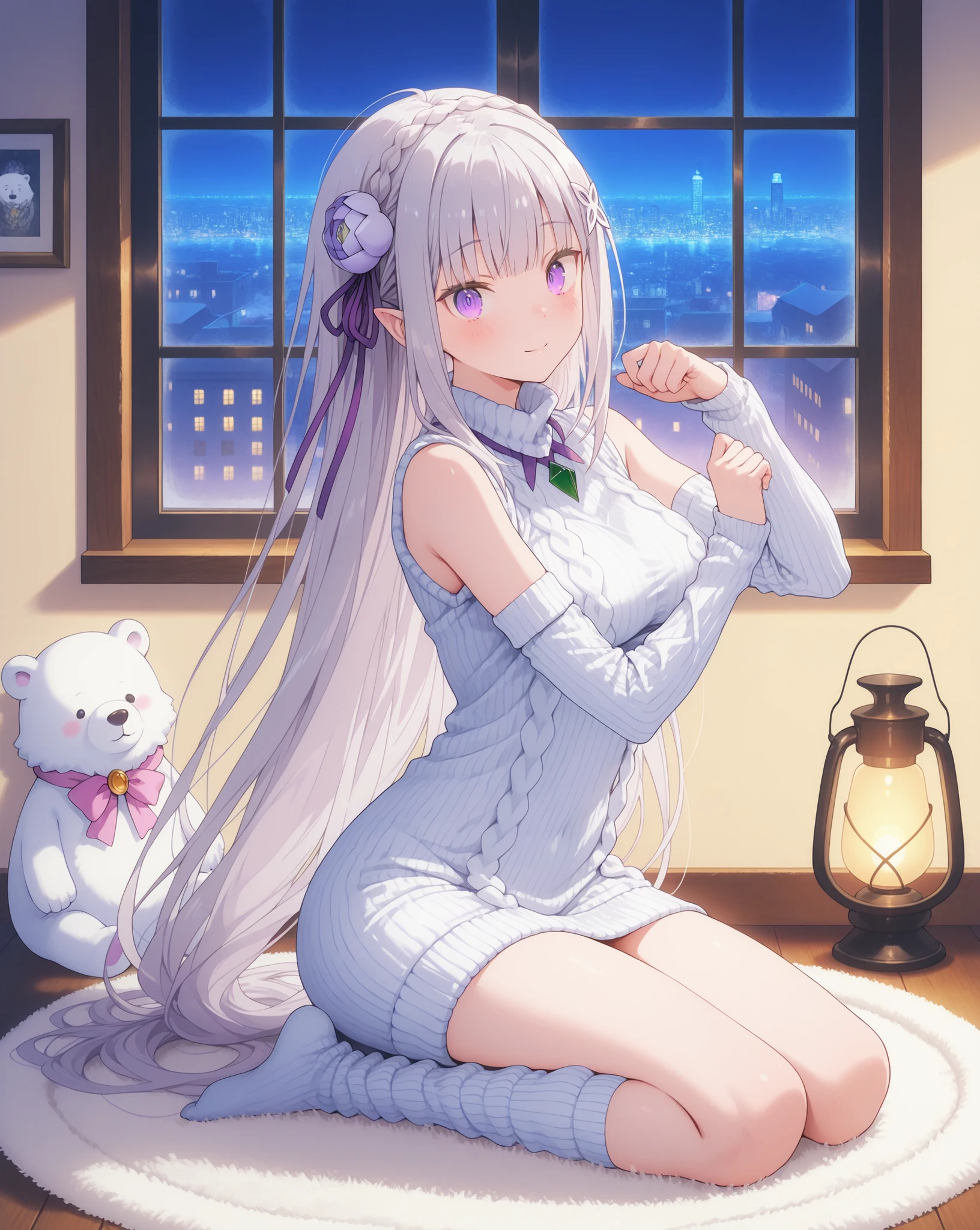Re:Emilia, Demonic expression Cozy indoor environment with lavender-themed decor, They wear a knitted white sweater dress pink ribbon details, hip-length matching socks, and white knit arm warmers.kneeling pose, Side view of the viewer, They sit on the floor, They pose a playful pose on a fluffy white carpet. A plush polar bear in the background and the glow of a soft lamp, a warm , Calm night atmosphere with city lights visible from the window, clear focus on the character