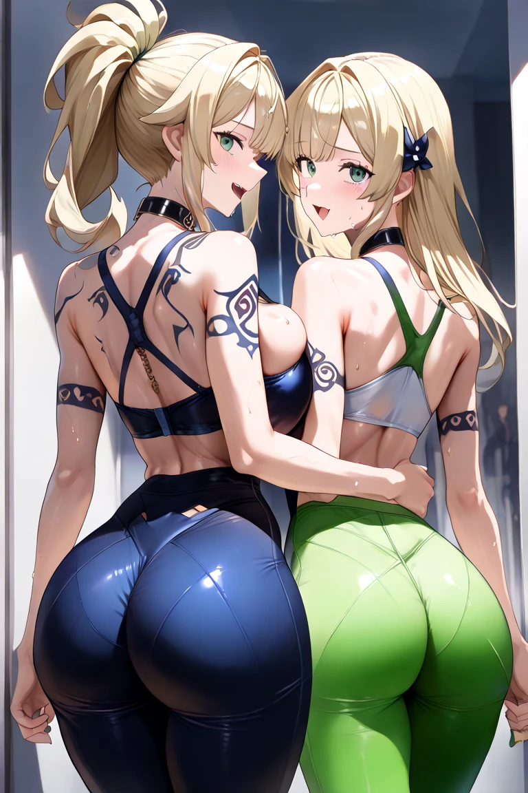 Super detailed、Highest quality、Best image quality、masterpiece、8K、(shoulder-length blonde hair、Medium Long Hair)、(laugh) 、(cheerful)、(tareme)、(big eyes)、(Beautiful shining eyes)、(High Detail Anime Eyes)、(puffy eyes)、(Big Tits)、((SFW Huge Body))、(((Rear View)))、Cowboy Shot、(Thong、カルバンクラインThong)、(Two women stand side by side with their butts facing the viewer.:1.5)