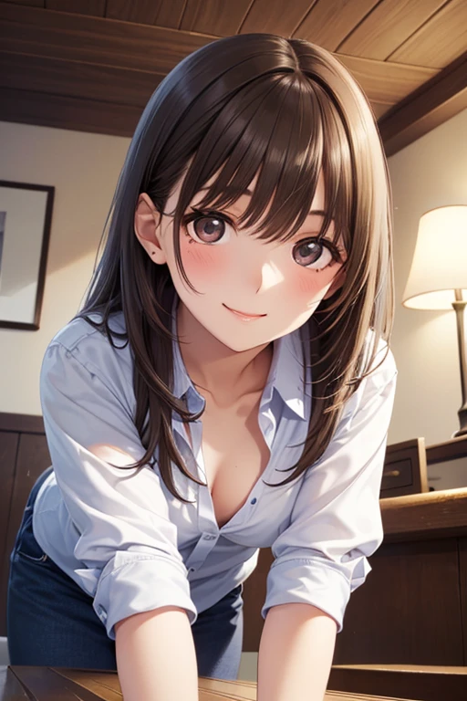 (Best quality:1.3), brown ponytail, large breasts, cleavage, nurse outfit, smiling, (pov, close shot)