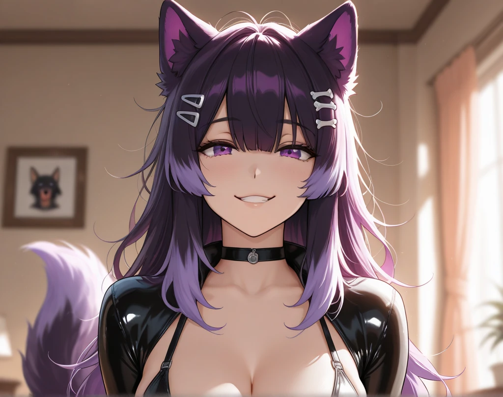 1girl, Blue eyes, Long Hair, Bangs, Purple Hair, Breasts, pout, black collar, cat ears, purple cat tailc, black clothes, begging