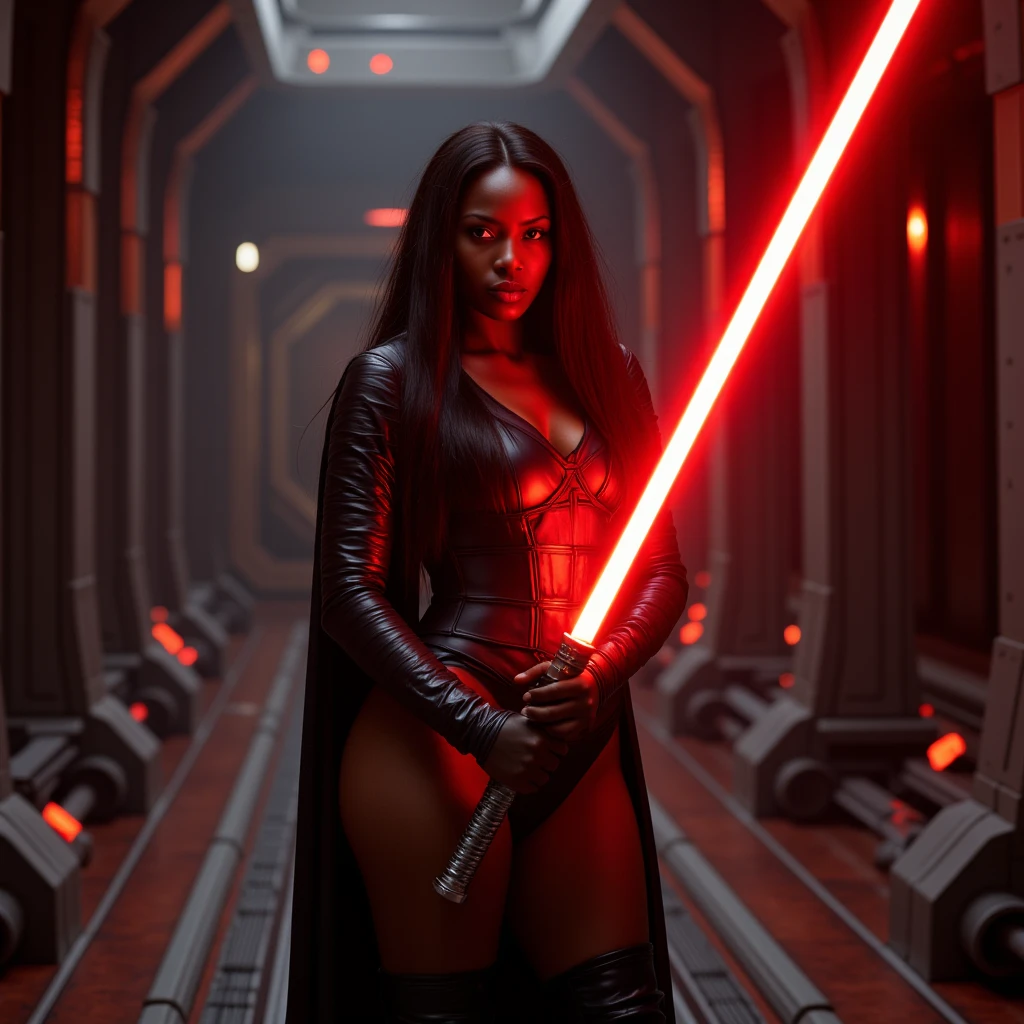 scared african woman dressed in sthoutfit,in a dark cave,brown hair,holding lightsaber<lora:sthoutfitV2:0.7>
