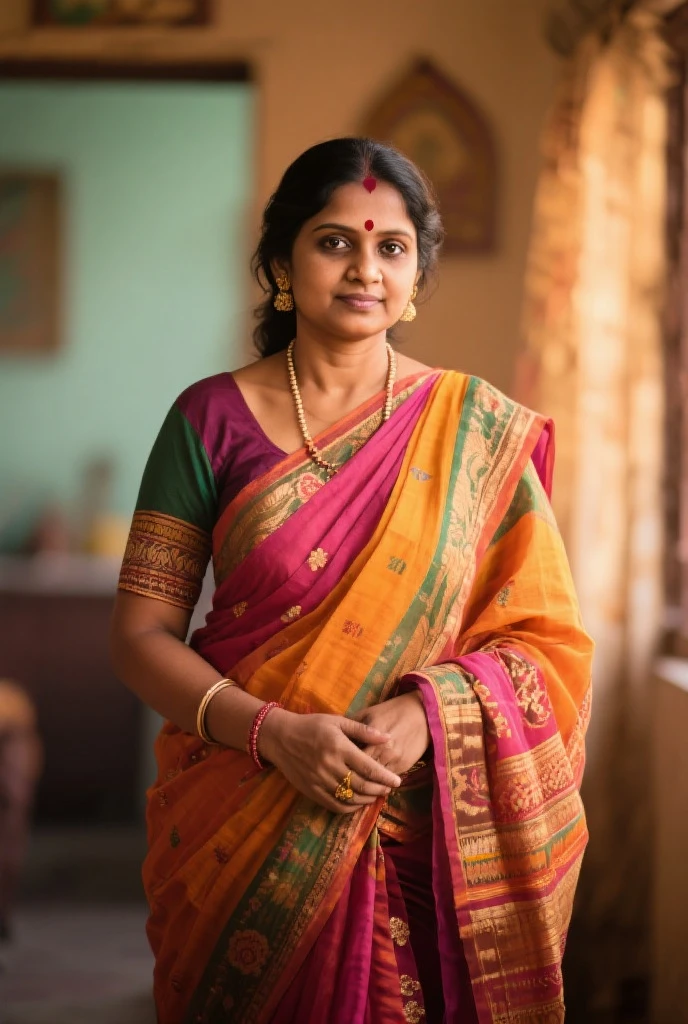 (Full body portrait:1.2),(((Sharpen))), market, RAW, 8k, hard light, realistic skin texture, (((photorealism)), closeup, there is a woman, she is fifty years old, looking like indian aunty, she is very beautiful, smiling face, westren outfit