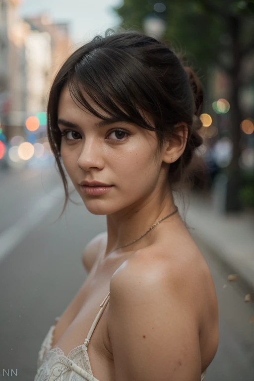 one beautiful woman, oval face, senseful lips, big brown eyes, 30 years old, slim sporty body, wearing a jeans shirt and tshirt underneath, middle size breast, outside in the city, 1/2 body, front view, (((double buns hair))), clothes are whole and consitant, no text, sunny weather, backgorund blurred, sefie shot, cinematic lighting, motion blur, film grain, very detailed, 30 years, dark brown hair, dark brown eyes, high-res, masterpiece, best quality, intricate details, highly detailed, sharp focus, detailed skin, realistic skin texture, texture, detailed eyes, professional, 4k, 85mm, shallow depth of field, kodak color vision, perfect fit body, extremely detailed, photo_\(ultra\), photorealistic, realistic, post-processing, maximum detail, roughness, real life, ultra realistic, photorealism, photography, 8k uhd, photography (grain of film) medium shot for closeup shot, longer slimer face, perfect face, long oval lovely face, dark brown eyes, (((VERY CURLY))), deep charming look, deep brown charming eyes, flirty look, perfect face, no breast visible, (((BREAST HIDDEN UNDER THE CLOTHES))):2.0, zoom out, NO LOOSE HAIR, long oval face, perfect face, lovely charming look, long face, whole top