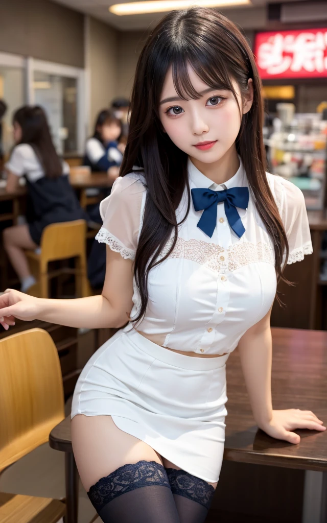 Highest quality、masterpiece、、Very detailed、Realistic、(Young face:1.4)、(Looks like an elementary school ???:1.4)、(Two Girls)、(Looking at me with a mischievous smile)、whole body、Small face、Narrow shoulders、((Very small breasts:1.5))、Thin and beautiful legs、Tight and slim waist、(Waitress uniform with buttons and collar:1.2)、(Light blue plaid mini skirt:1.1)、Short Hair、(Erect nipples:1.1)、apron、restaurant、(Leaning forward to expose breasts:1.3)