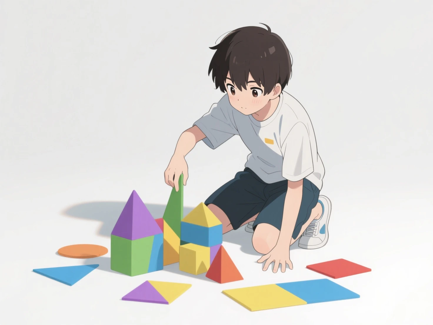 ５A boy of about his age　I play with a lot of Lego blocks　Inside the house　Smile　Artwork made from blocks(city、flower、Home、car)