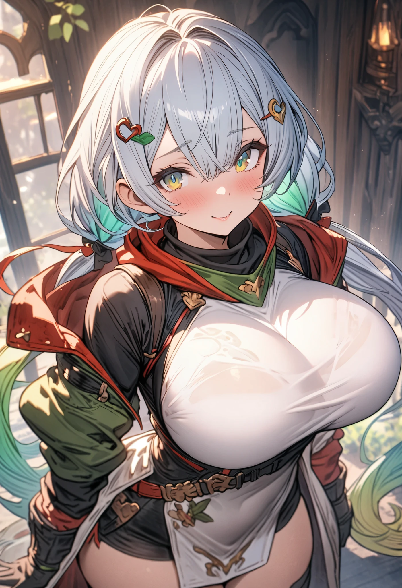 (((master piece Highest quality ultra detailed,Unity 8k Exquisite Detail))),Twin Drill,Silver Hair,smile,Upper Body,(heterochromia green eye yellow eye),Lens Flare,Random Background