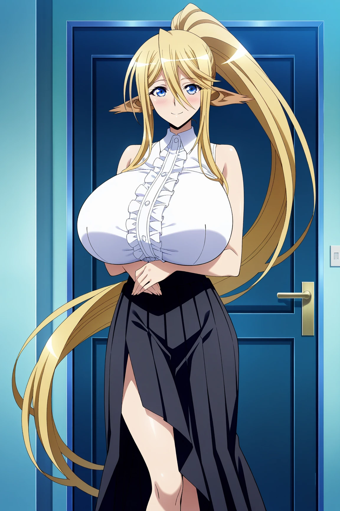 An anime-style artwork depicting celestine lucullus from the game kuroinu.

Tags: celestine lucullus, anime, detailed eyes, detailed lips, blonde hair, white dress, smiling expression, intense gaze, glowing emblem on hand, dynamic pose, mystical background, vibrant colors, digital art, high-resolution, professional quality, gigantic breasts, cleavage, huge tits, fullbody.