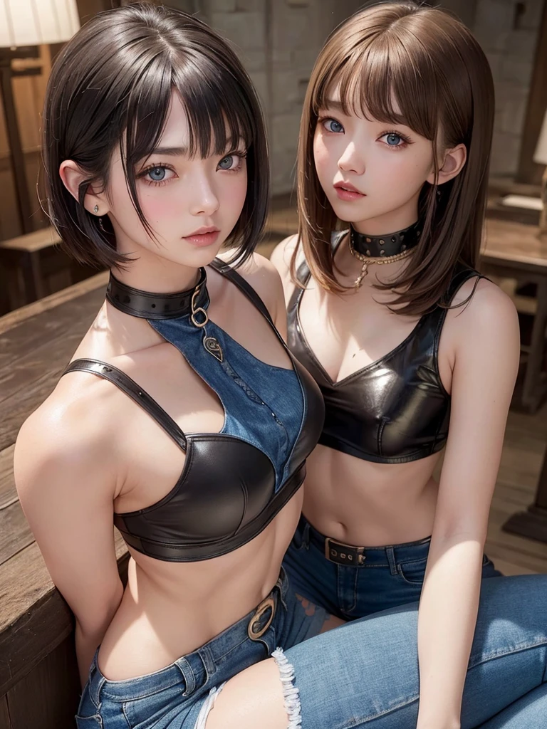 masterpiece,NSFW,1 girl,black hair,very short hair,blue eyes,small breasts,t-shirts,micro shorts,lace-up boots,collar,shackles,ball gag,nipple piercing