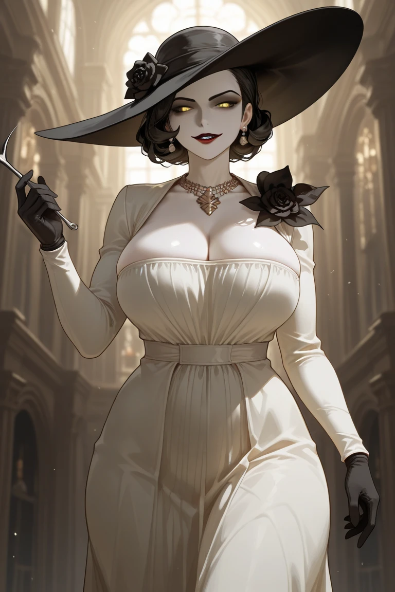 (highest quality,4K,8k,High resolution,masterpiece:1.2),Very detailed,(Realistic,photoRealistic,photo-Realistic:1.37),Beautiful mature woman,1Mom, big vampire mom, Alcina Dimitrescu,Madame Dimitrescu,length, Black hair perm,Healthy Body,

Very detailed armpit,Beautifully detailed sweat glands,Smooth skin texture,Carefully drawn,

(Big black hat,White clothes with cleavage visible,), (humidity:1.2), Beautiful Eyes, (Attractive face:1.2), (Pale skin),(Big Breasts),Sticky with sweat,In a dynamic pose,

Resident Evil World,indoor,In a candle-lit mansion,