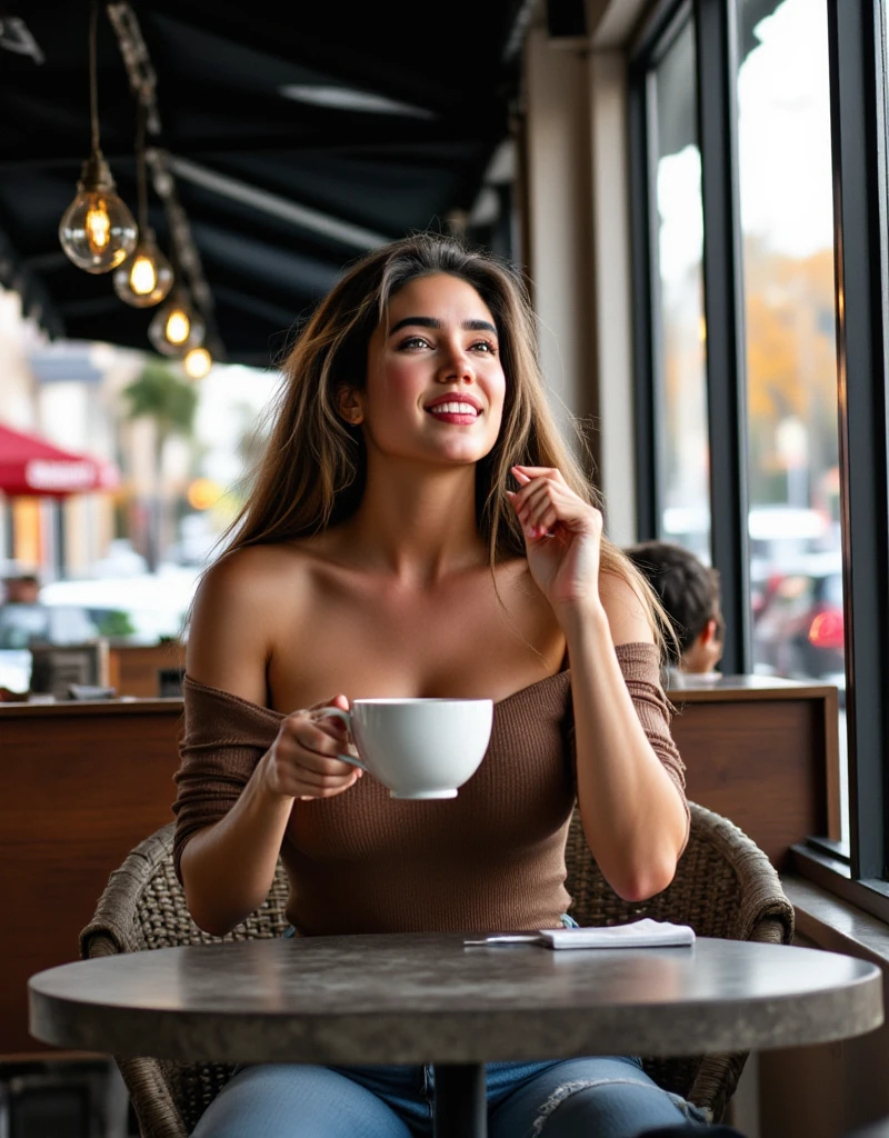 woman sitting at a table with a cup of coffee and cell phone, alone gorgeous latin woman, drinking coffee, woman drinking coffee, drinking a coffee, 30-year-old woman from cuba, sitting on a mocha-colored table, morning coffee, sitting in a cafe alone, portrait of morning coffee, enjoying coffee at a coffee shop, 40 years old women