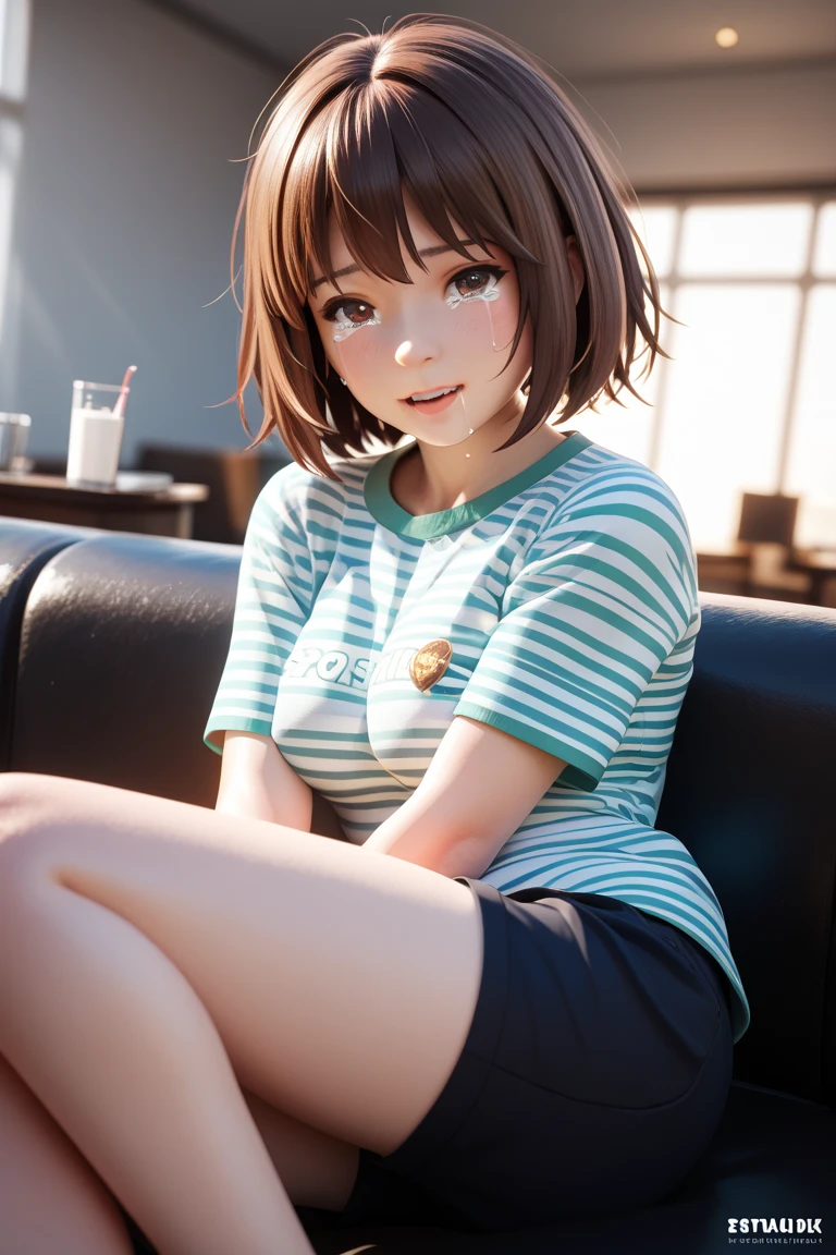 (garota hiper realista:1.2), ((Ochako Uraraka de 18 anos)), (Boku no hero), corpo inteiro, single body, olhando para frente, sitting on ground, (coxas internas expostas), joelhos dobrados, uniforme escolar, (cabelo liso e curto), (uniforme), seios grandes:1.3, Quarto feminino, quarto tradicional, Hiper realista, cinematic lighthing, (octan render), ray tracing