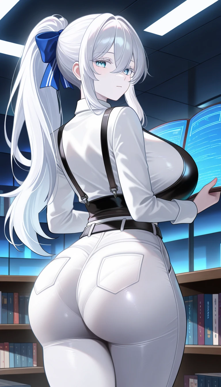 female, solo, young, sexy body, voluptuous figure, tightsuit, white hair, decolored blonde hair, ice effects around, ice queen, beautifull face, long hair, defined body, yellow and bright eyes, thick legs, strong legs, tall, Voluptuous legs, huge ass, big hip, big ass, female sorcerer, blue and black robes, long hair