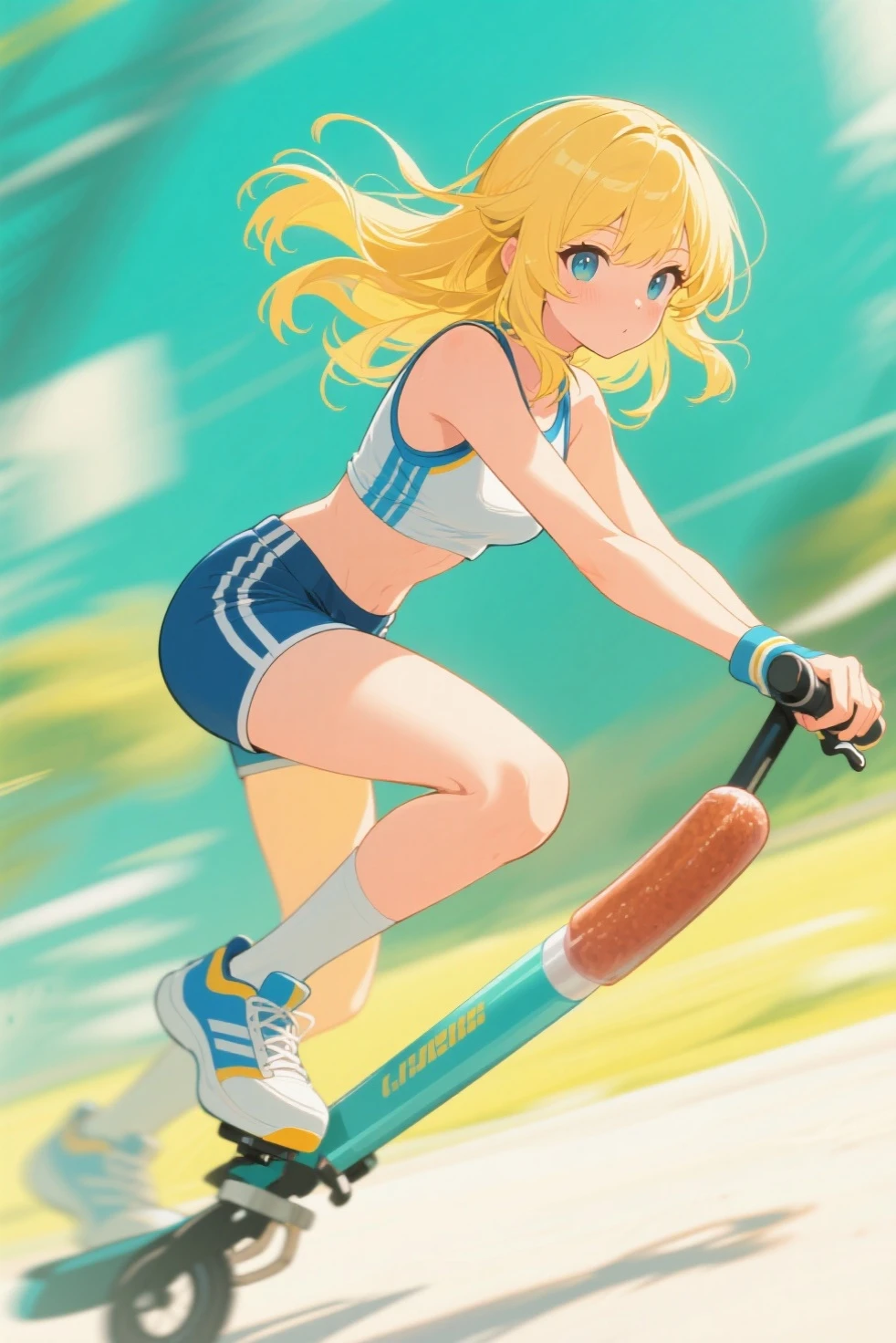 best quality, masterpiece, ultra-detailed, 1girl, full body, an extremely delicate and beautiful girl, sunlight, wallpaper, artbook, in a meadow, sun, bishoujo, 1 girl, gyaru, student, big breasts, tank top, bike shorts, bent over --auto --s2